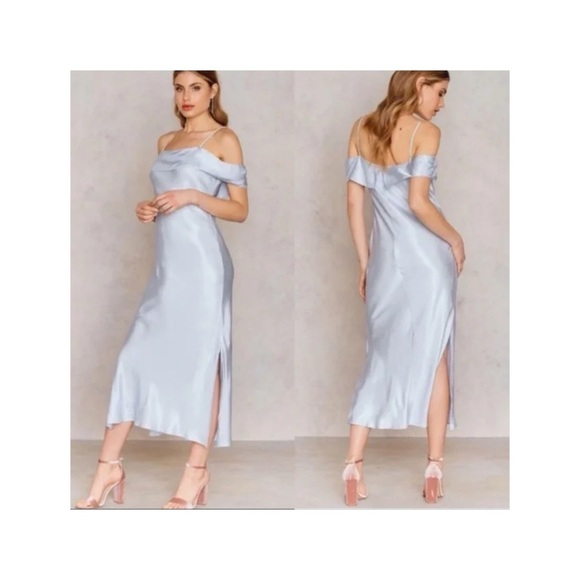 BARDOT x Revolve Light Blue Cold Shoulder Satin Midi Slip Dress Size 4 NWT - Picture 1 of 11